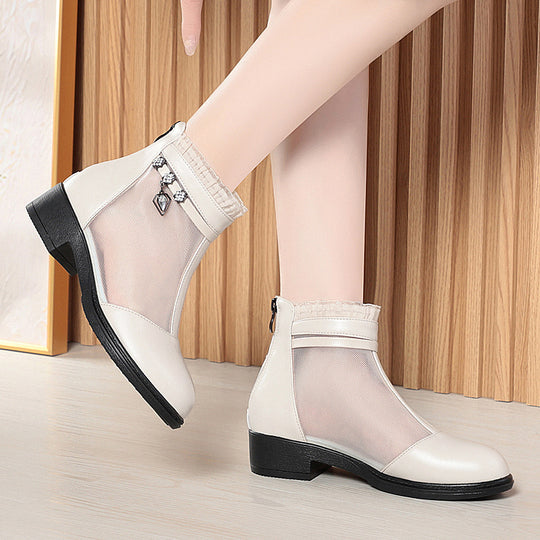 Damen Modische Ankle Boots mit transparentem Mesh-Einsatz und eleganten Schmuckdetails EB