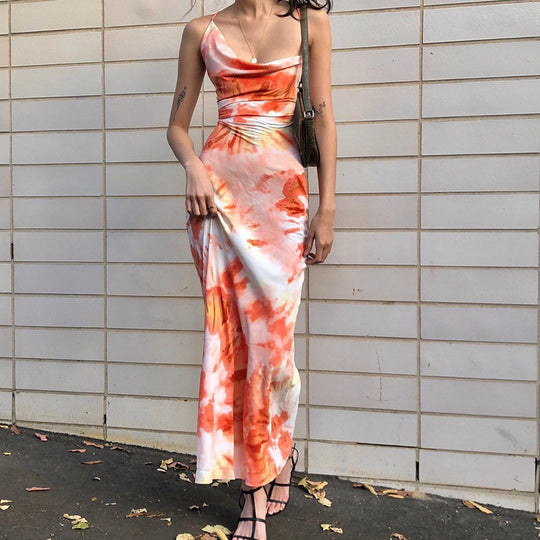 Damen elegantes Sommerkleid mit raffiniertem Wasserfall-Ausschnitt und einzigartigem Batikmuster EB