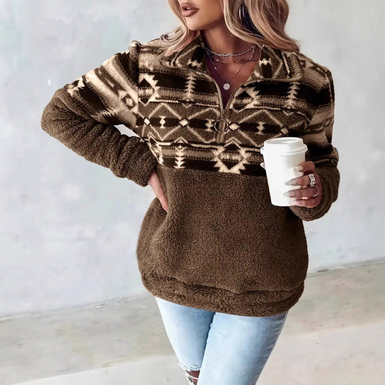 Damen Fleece-Pullover mit modernem Aztekenmuster und Stehkragen EB
