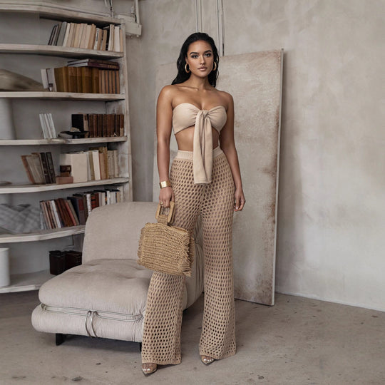 Damen Set aus gehäkeltem Oberteil und weitem Palazzo-Hosen EB