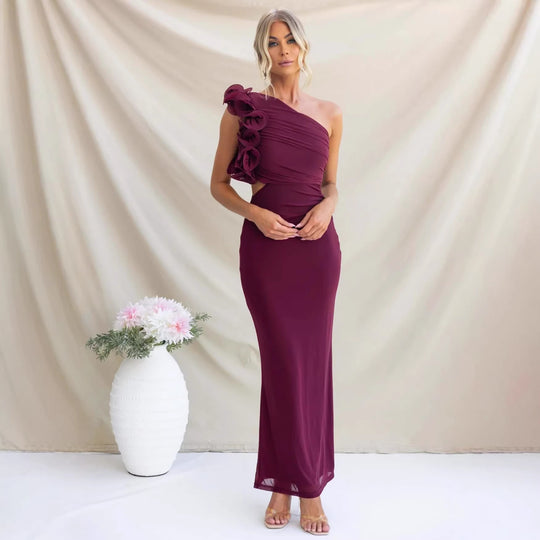 Damen Elegantes Rüschen-Maxikleid mit einem schulterfreien Design und figurbetontem Schnitt EB