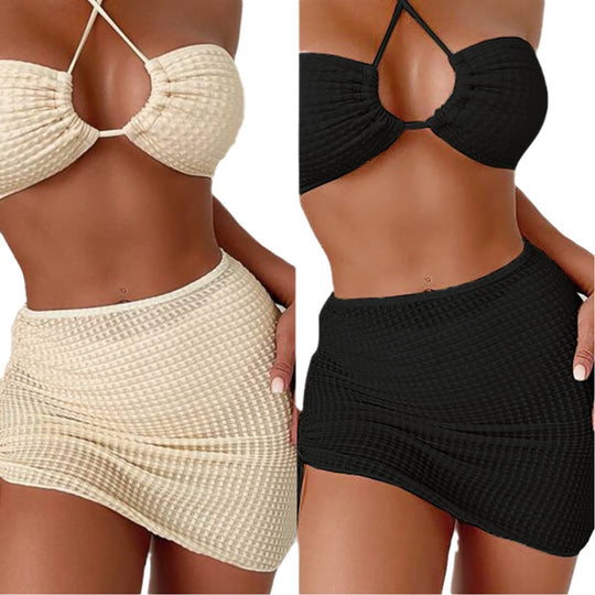 Damen Bandeau-Bikini mit verstellbaren Trägern und schnürbarem Rock EB