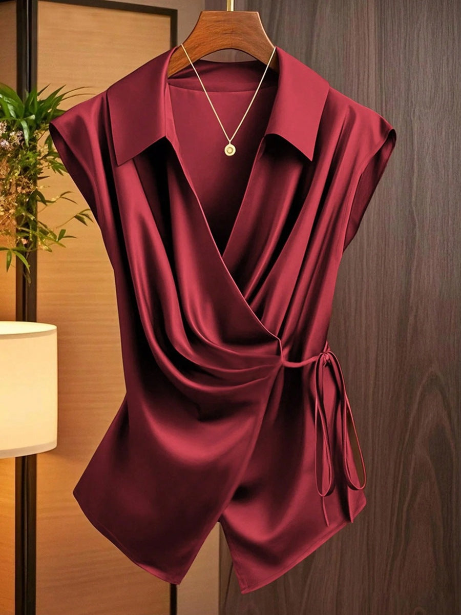 Damen elegante Wickelbluse mit femininer Drapierung und Schalkragen EB