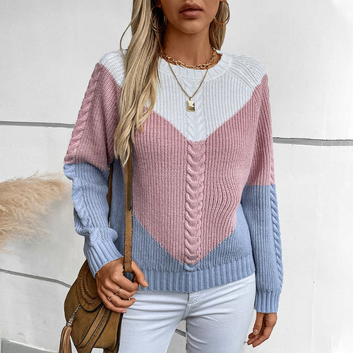Damen modischer Strickpullover mit geometrischem Muster und Zopfrippen EB