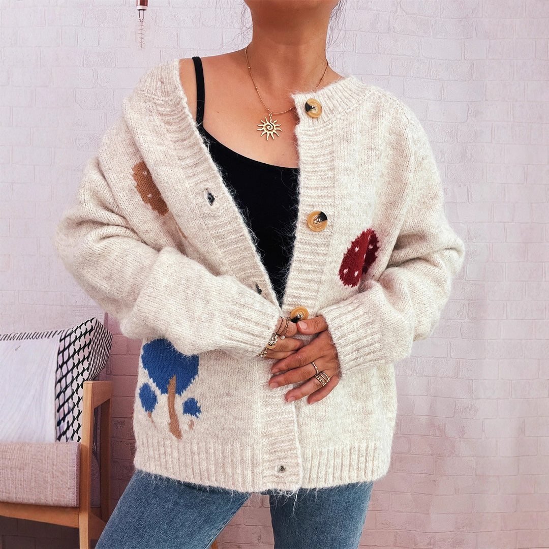 Damen Strickjacke mit buntem Pilzmotiv und Knopfdetails EB