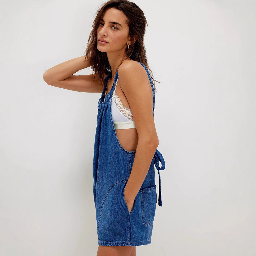 Damen Denim-Jumpsuit mit verspieltem Schnitt und verstellbaren Trägern EB