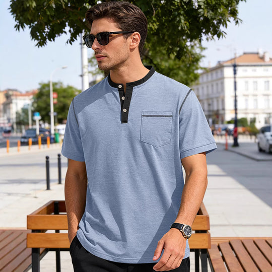 Herren nan legeres Kurzarm-Bandkragenshirt mit Knopfleiste Brusttasche und Flatlocknähten EB