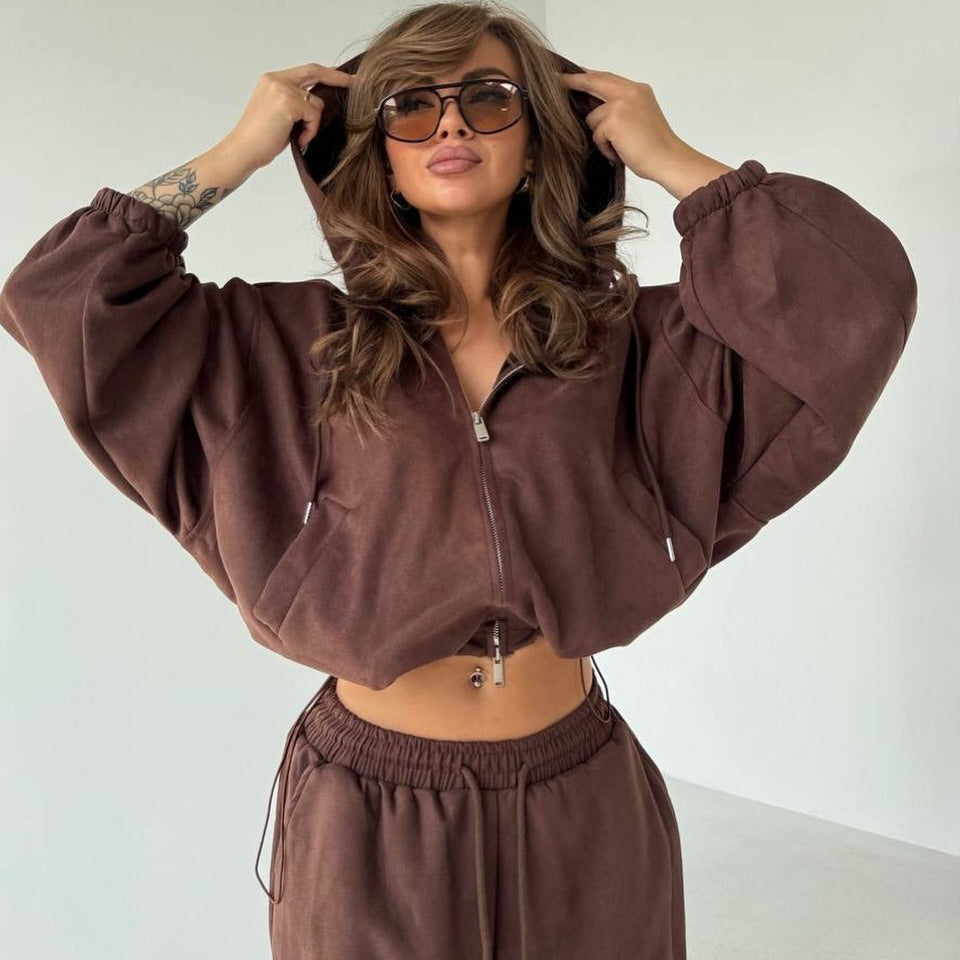 Damen Velours-Cropped-Kapuzenjacke mit Ballonärmeln und weiter Palazzo-Sweathose EB
