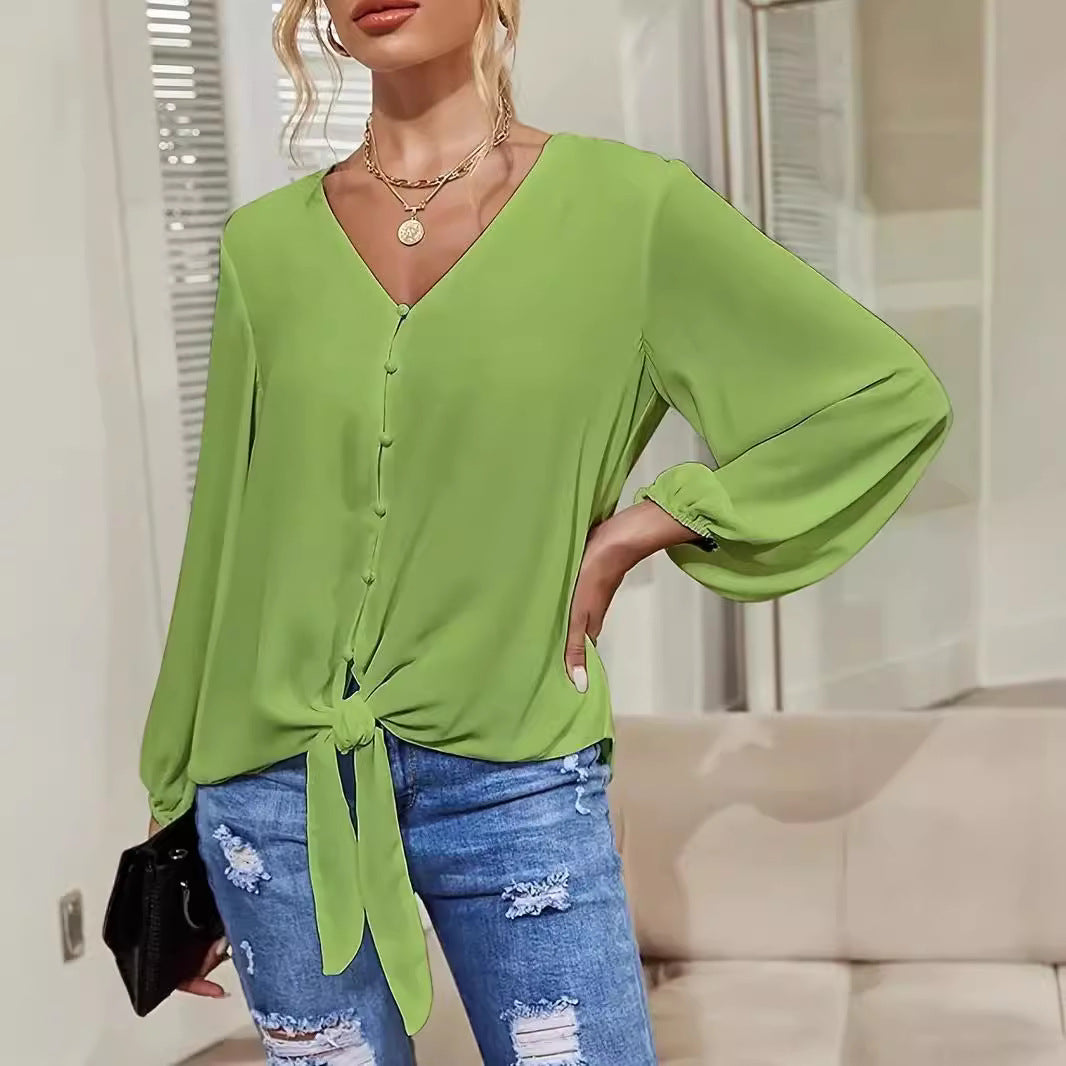 Damen elegante Bluse mit Knoten-Detail und V-Ausschnitt EB