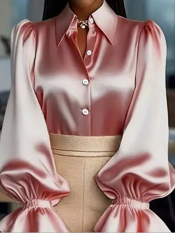 Damen elegante Seidenbluse mit Puffärmeln und schicker Knopfleiste EB