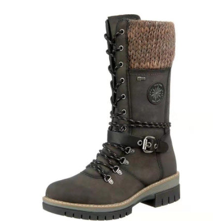 Damen nan knöchel- bis wadenhohe Schnürstiefel mit gestrickter Manschette, wasserdichter Membran, dekorativer Schnallenlasche und robuster Profilsohle EB