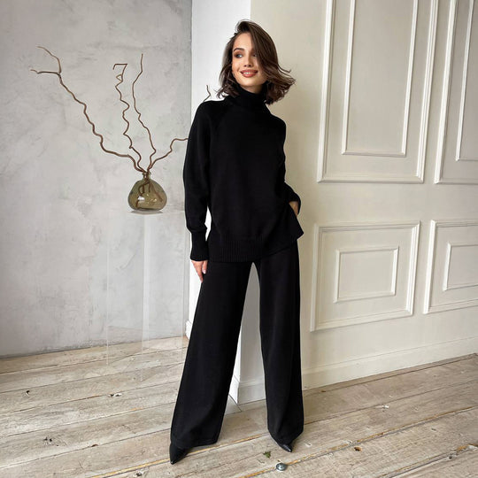 Damen Strick-Loungewear-Set mit hohem Kragen und weitem Schnitt EB