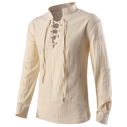 Herren nan lässiges Kurzarmshirt mit geschnürter V-Kehle, kurzem Stehkragen und weichem Baumwollmix Eb