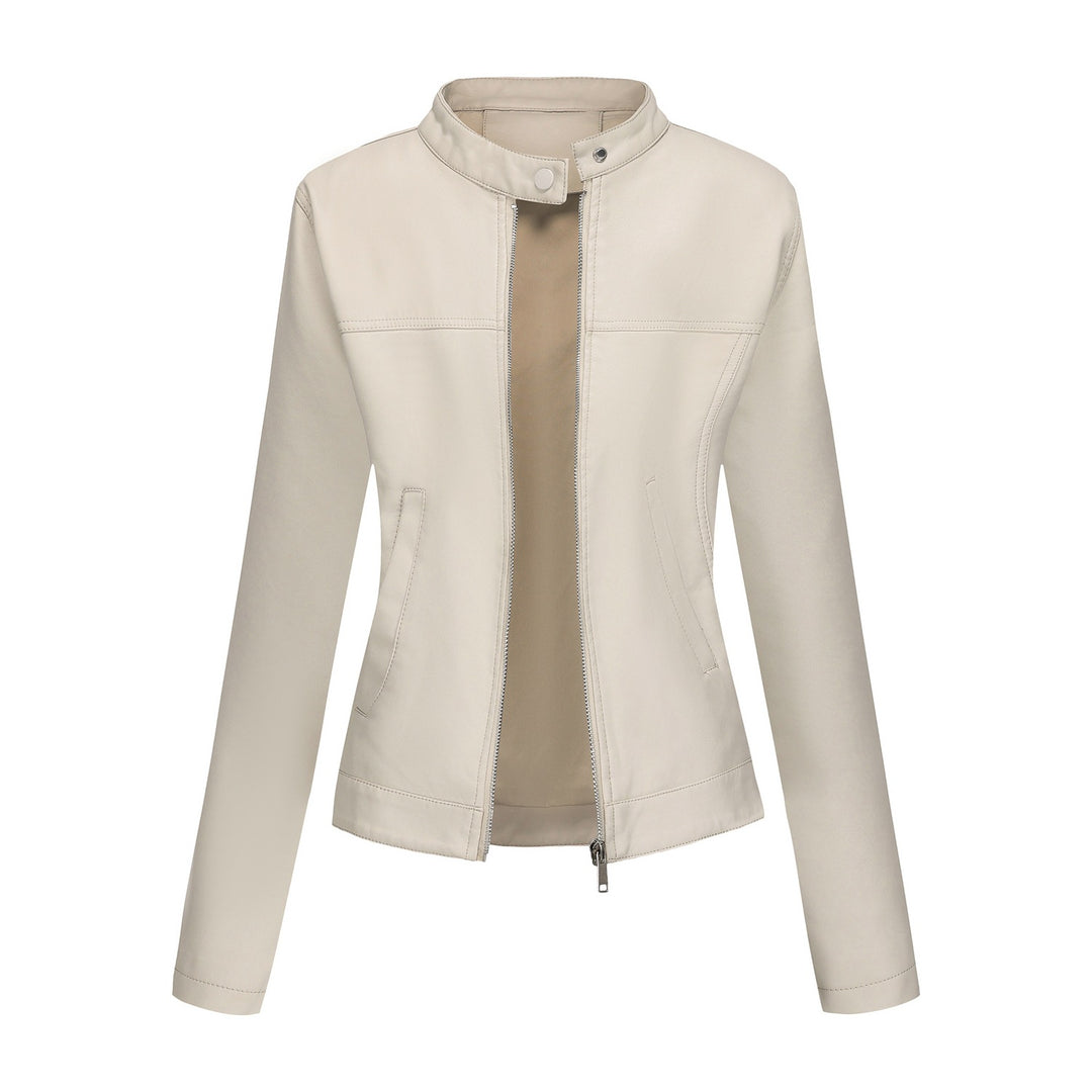 Damen nan taillierte Kunstlederjacke mit Stehkragen, verdecktem Reißverschluss und cleanem Minimaldesign EB