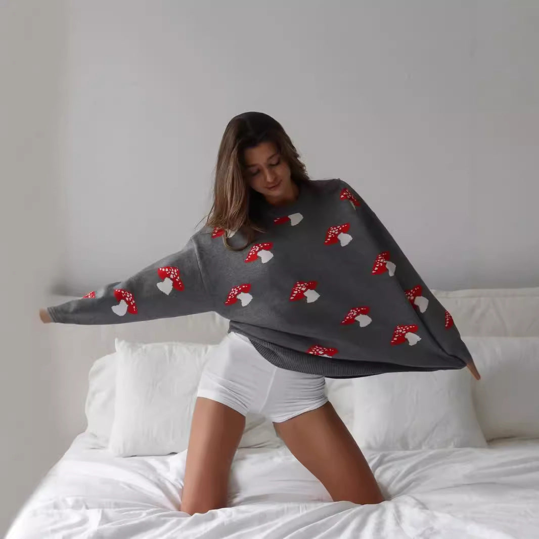 Damen weiter Strickpullover mit Pilzmotiv Rundhals Rippbündchen Eichborn Berlin