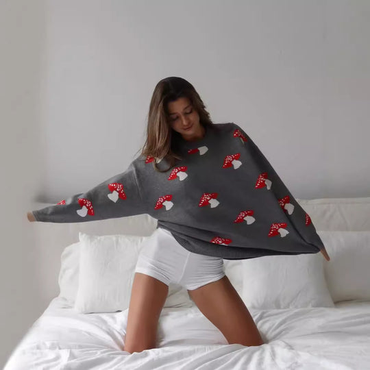 Damen weiter Strickpullover mit Pilzmotiv Rundhals Rippbündchen Eichborn Berlin