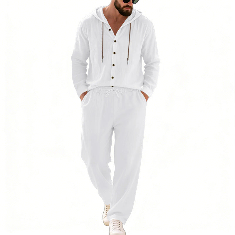 Herren nan legeres Kapuzen-Lounge-Set mit Knopfleiste, Kordelbundhose und seitlichen Eingrifftaschen EB