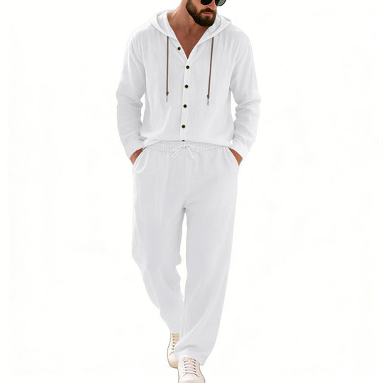 Herren nan legeres Kapuzen-Lounge-Set mit Knopfleiste, Kordelbundhose und seitlichen Eingrifftaschen EB