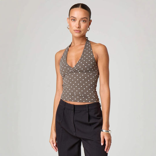 Damen Halter-Top mit Punktmuster und V-Ausschnitt EB
