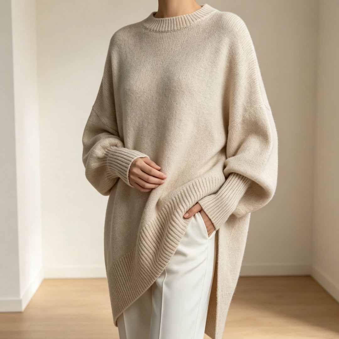 Damen Oversize Longline Feinstrick-Pullover mit Raglanärmeln und geripptem Saum EB