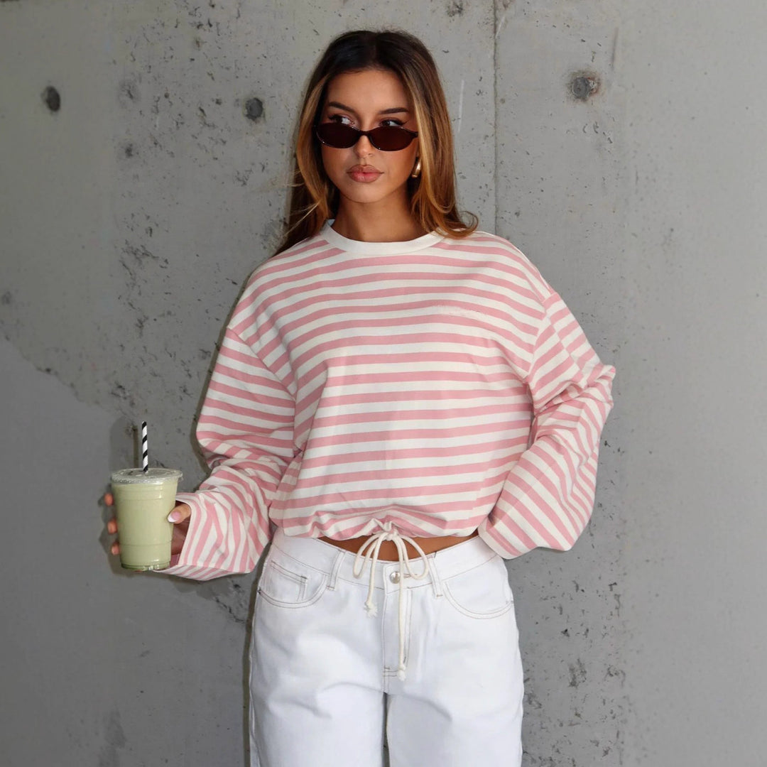 Damen cropped gestreifter Sweatshirt mit Kordelzug EB