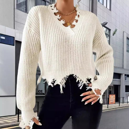 Damen Oversized Strickpullover mit fransigem Saum und raffiniertem Ausschnitt EB