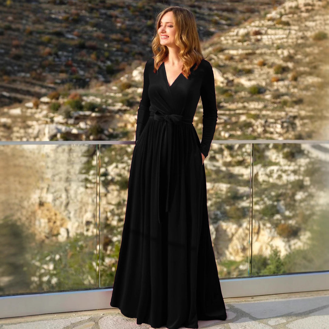 Damen nan elegantes Wickelmaxikleid aus Samt mit V-Ausschnitt, Taillengürtel und seitlichen Eingrifftaschen EB
