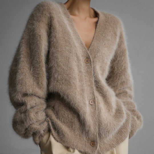 Damen Kuscheliger Oversize-Cardigan aus Teddy-Strick mit tiefem V-Ausschnitt EB