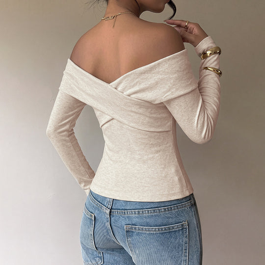 Damen Schulterfreies Wickel-Longsleeve mit Carmenkragen und taillierter Passform EB