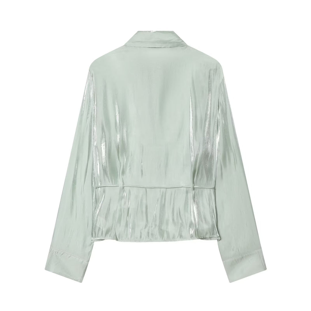 Damen schimmernde Bluse mit verstellbarem Taillenzug und elegantem Kragen EB
