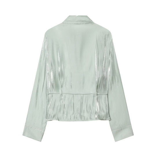 Damen schimmernde Bluse mit verstellbarem Taillenzug und elegantem Kragen EB