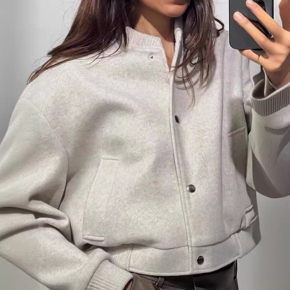 Damen Cropped Jacke mit modernem Stehkragen und Druckknopfverschluss EB