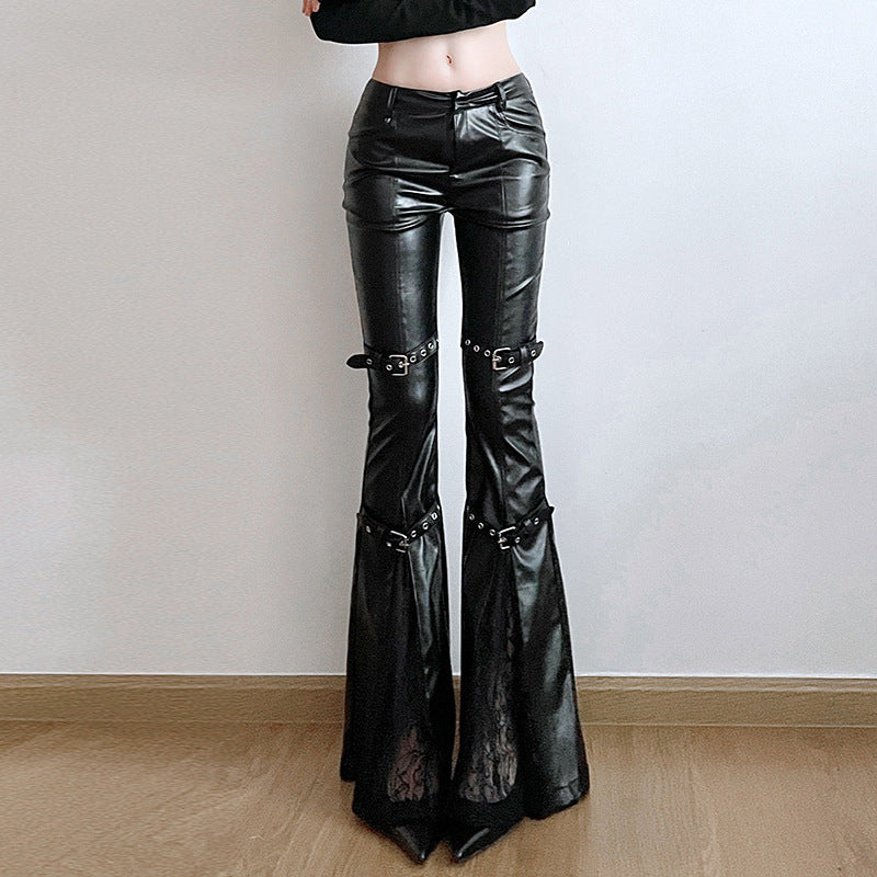 Damen Modische Kunstleder Flared Hose mit verstellbarem Bund EB