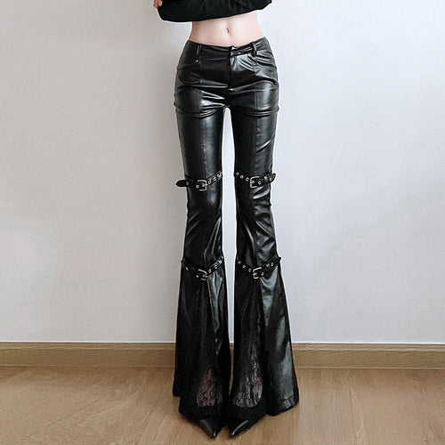 Damen Modische Kunstleder Flared Hose mit verstellbarem Bund EB