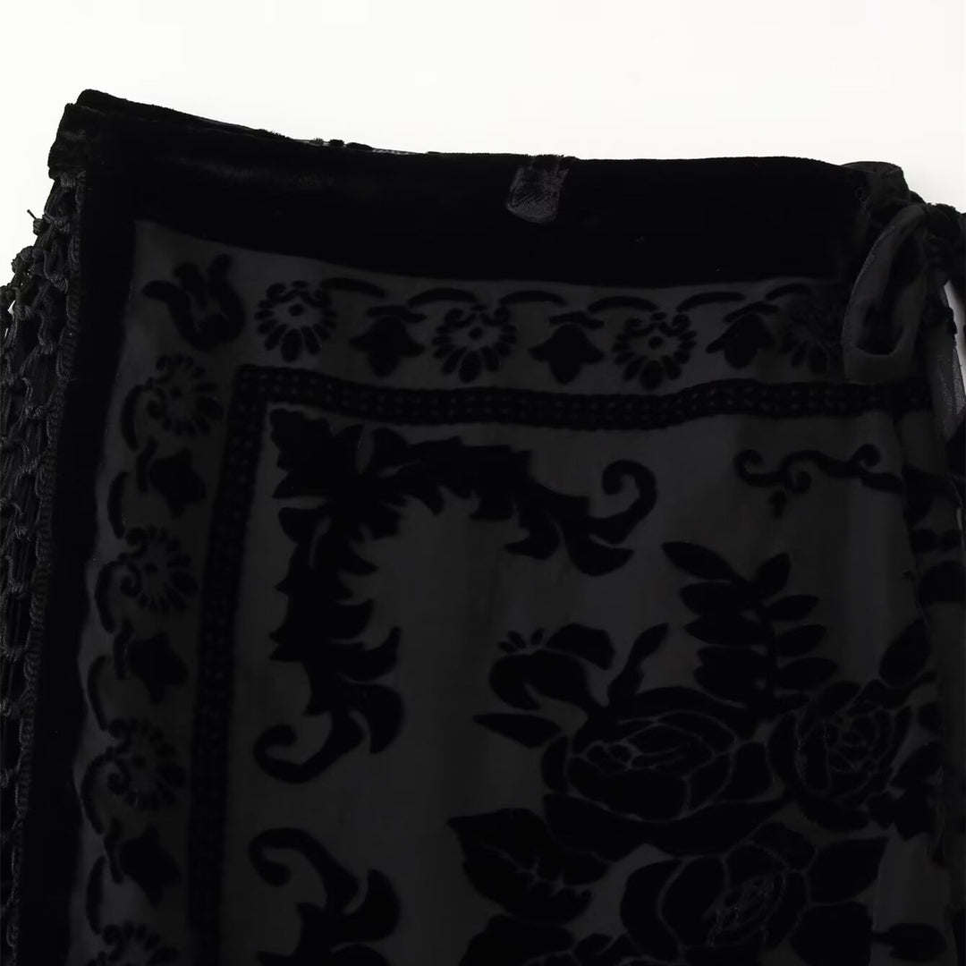 Damen Wickelrock mit eleganter Fransenverzierung und floralem Muster EB
