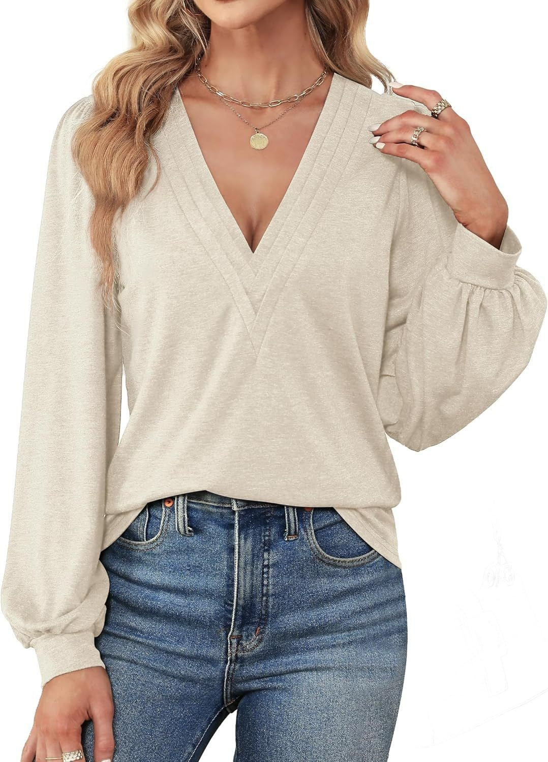 Damen Elegantes Blusenshirt mit V-Ausschnitt und puffförmigen Ärmeln EB