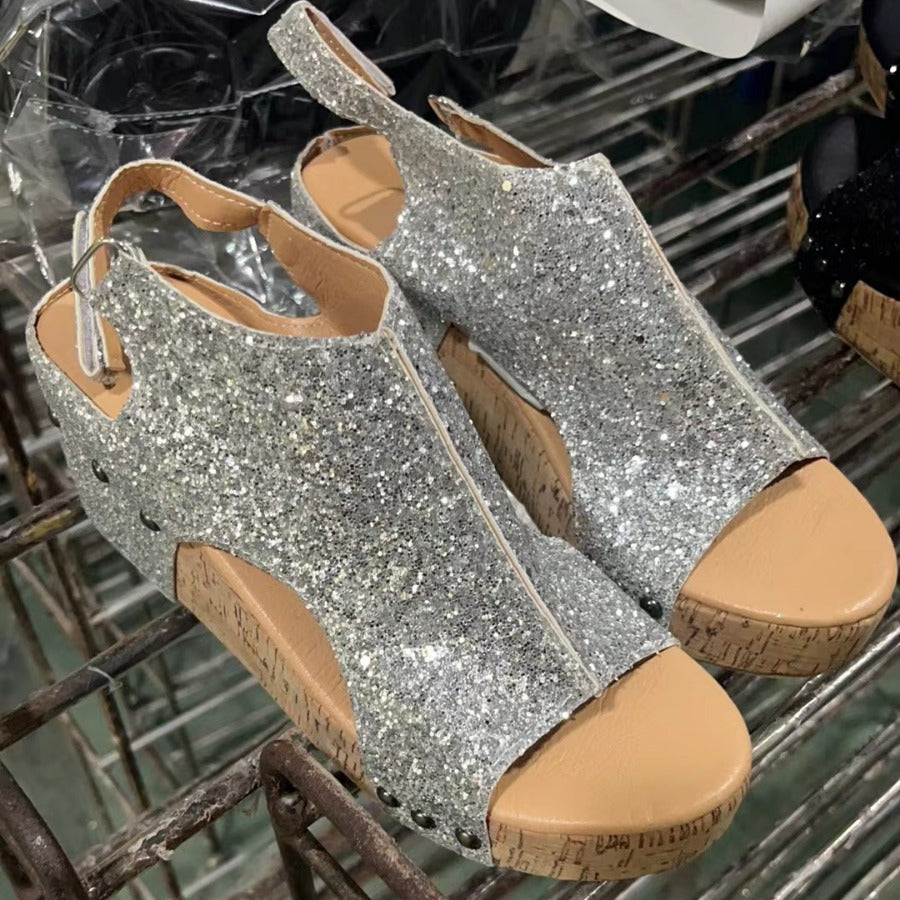 Damen Funkelnde Sandaletten mit modischem Kork-Design EB