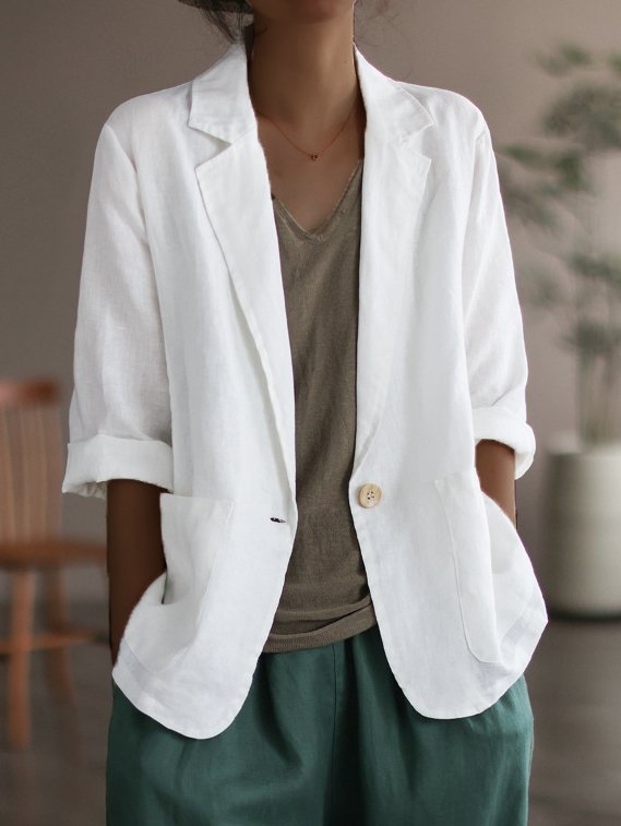 Damen Lässiger Leinenblazer mit breiten Ärmeln und Knopfverschluss EB
