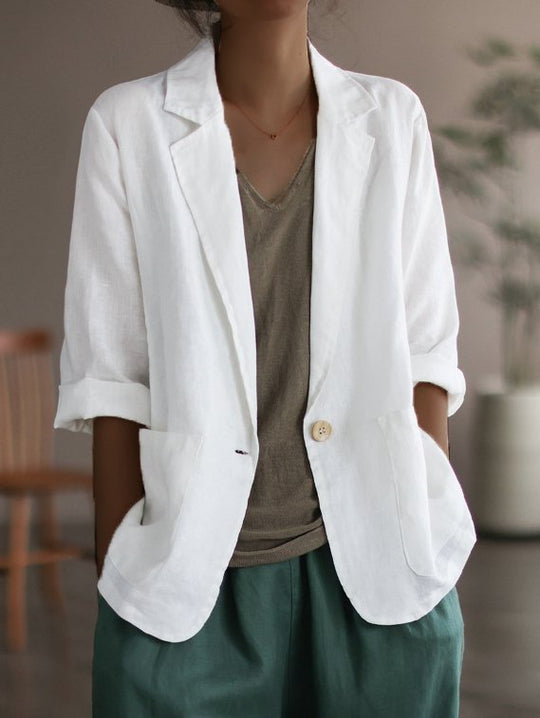 Damen Lässiger Leinenblazer mit breiten Ärmeln und Knopfverschluss EB
