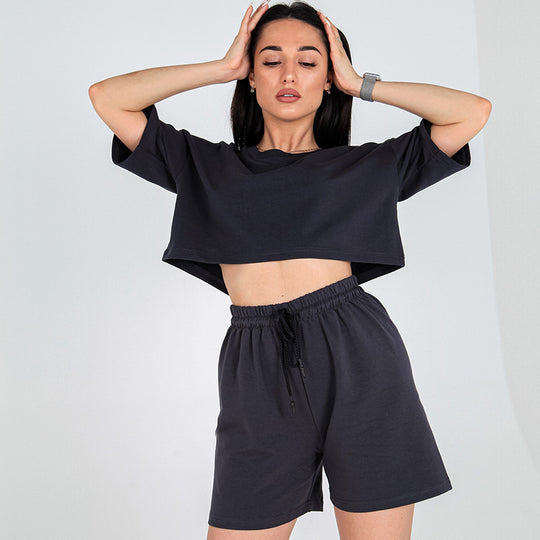 Damen Zweiteiliges Cropped-Lounge-Set aus Baumwolljersey mit elastischer Kordelzug-Shorts EB