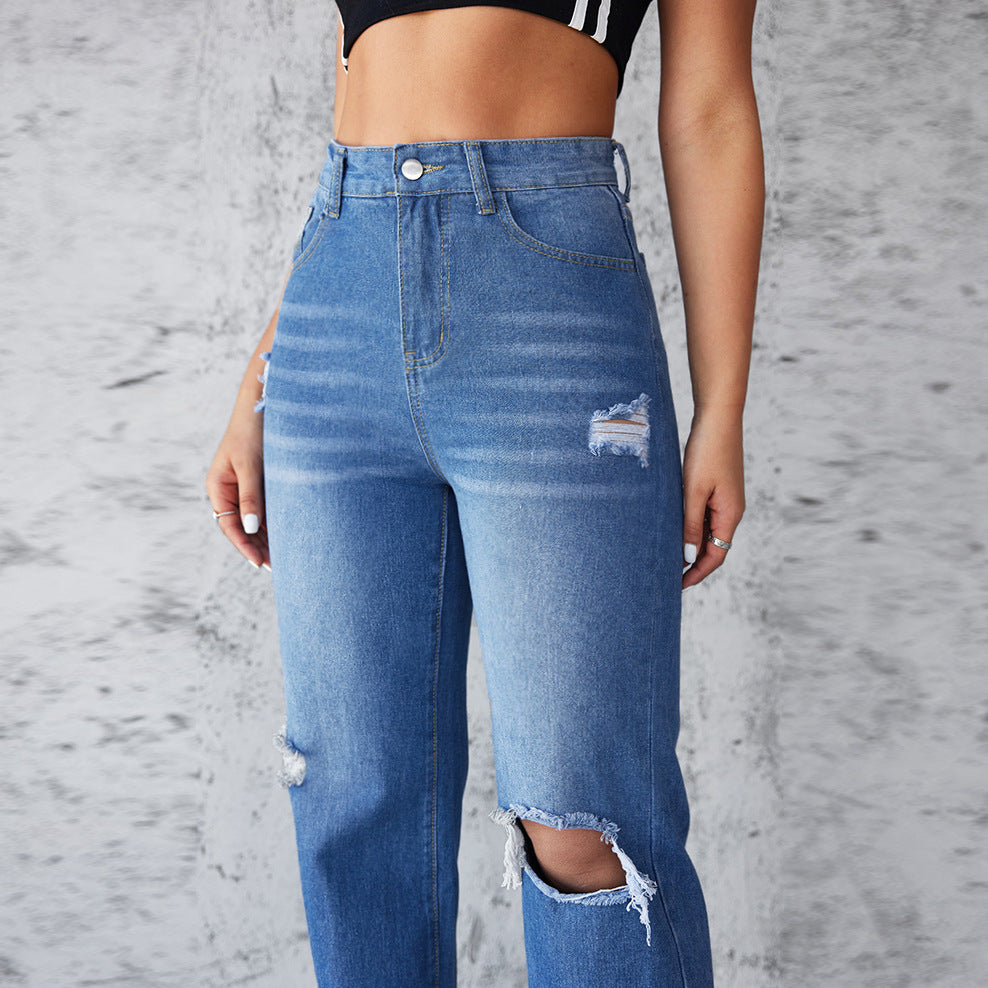 Damen Schlagjeans mit hohen Beinöffnungen und modischen Destroyed-Details EB