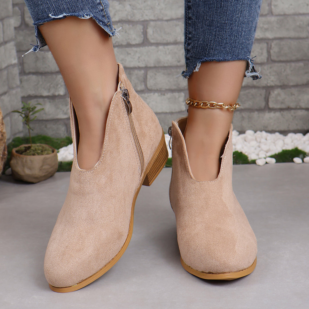 Damen nan V‑Ausschnitt Ankleboots aus Veloursoptik mit seitlichem Reißverschluss und niedriger Holzblocksohle EB