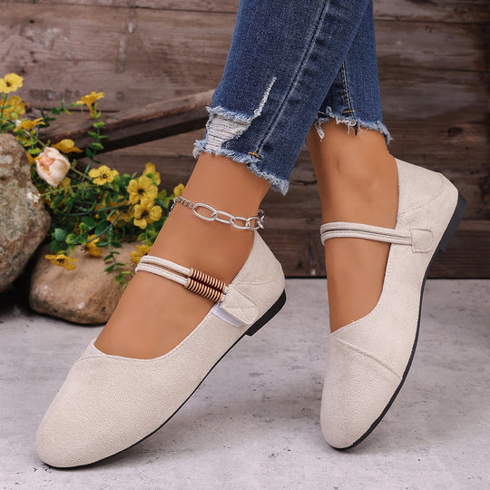 Damen  flache Mary-Jane Ballerinas aus Veloursimitat mit elastischem Zierband und gepolsterter Komfortinnensohle EB