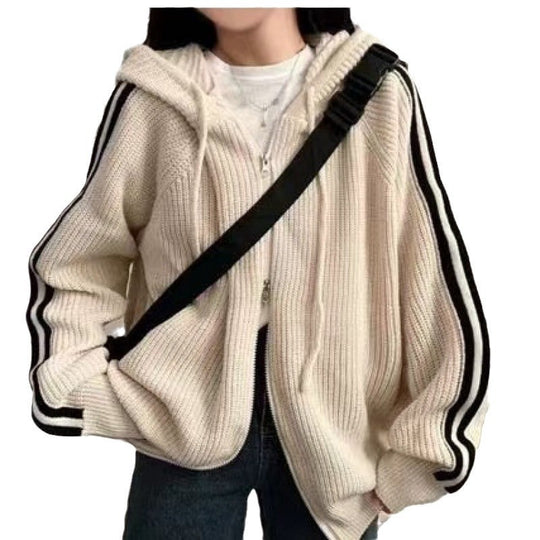 Damen lässiger Strickhoodie mit tiefem V-Ausschnitt und seitlichen Streifen EB