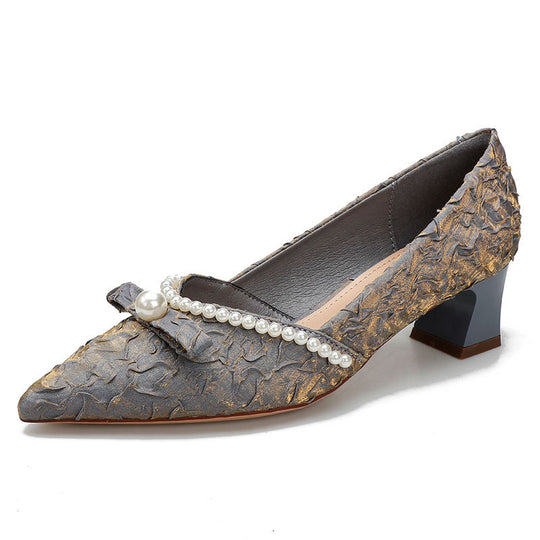 Damen elegante Pumps mit perlverziertem Riemen und komfortablem Blockabsatz EB