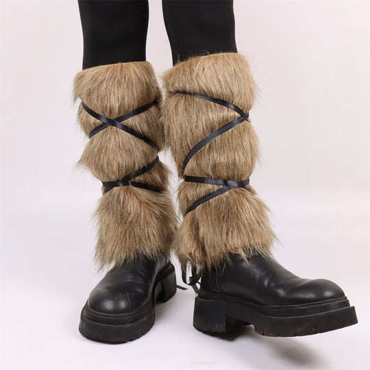 Damen Flauschige Beinstulpen mit Riemen EB