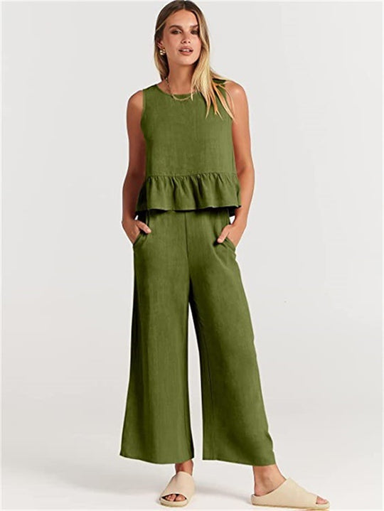 Damen luftiges Zweiteiler-Set mit schickem Peplum-Top und weitem Hose EB