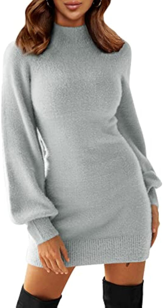 Damen Tailliertes Teddy-Strick-Minikleid mit Stehkragen und Ballonärmeln EB