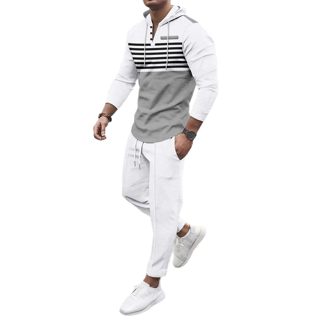 Herren nan Henley-Kapuzen-Lounge-Set mit Streifenpasse, Halbknopfleiste und konischer Jogginghose EB