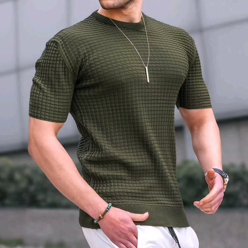 Herren nan Waffelstruktur-Kurzarm-Strickshirt mit schmaler Passform und elastischem Rippsaum EB